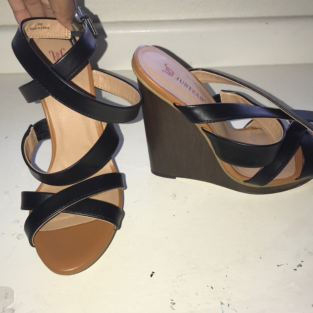 dark brown and tan strapped wedges